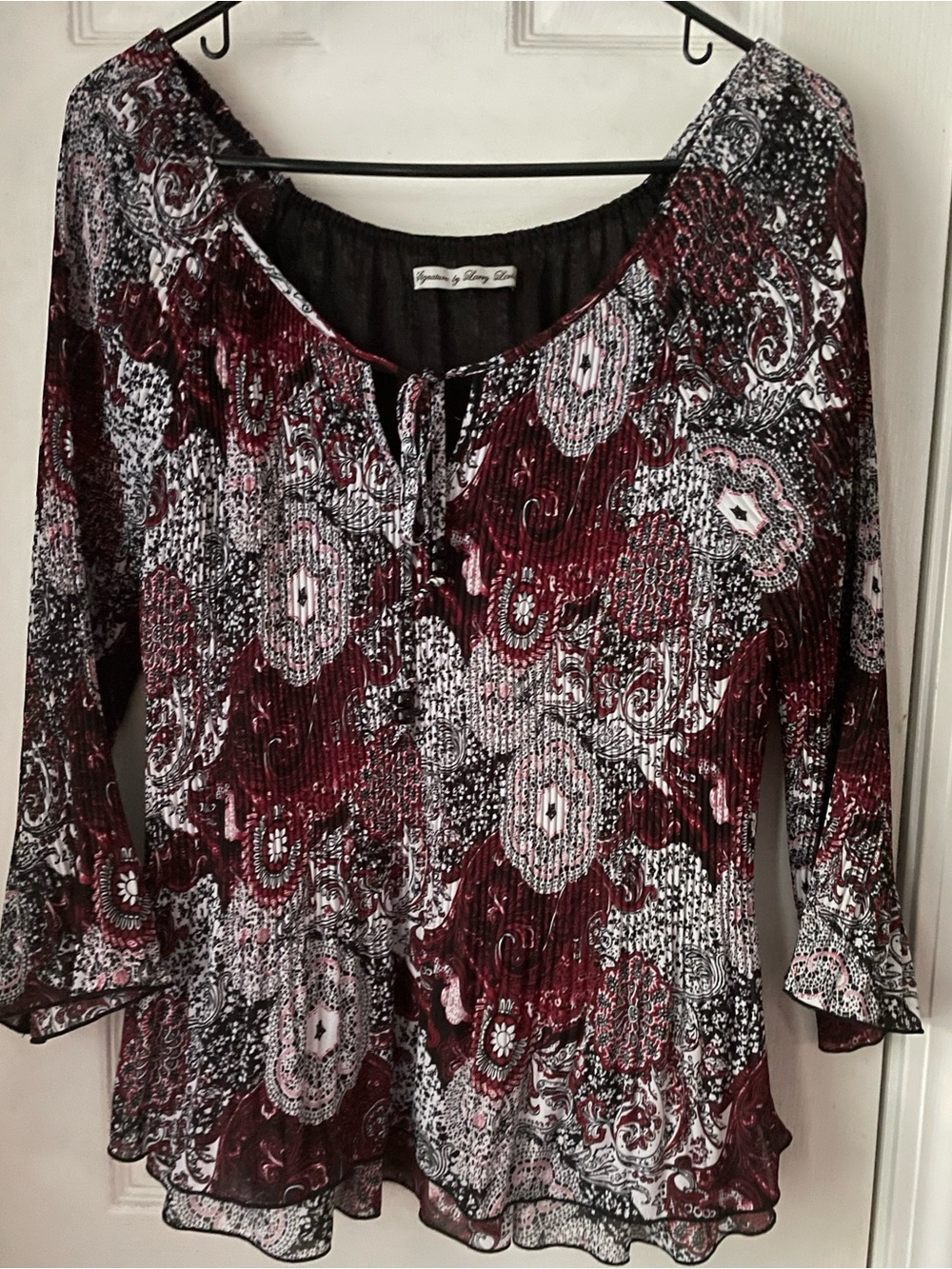 Signature by Larry Levine Burgundy and Black Paisley Tie-Neck Blouse